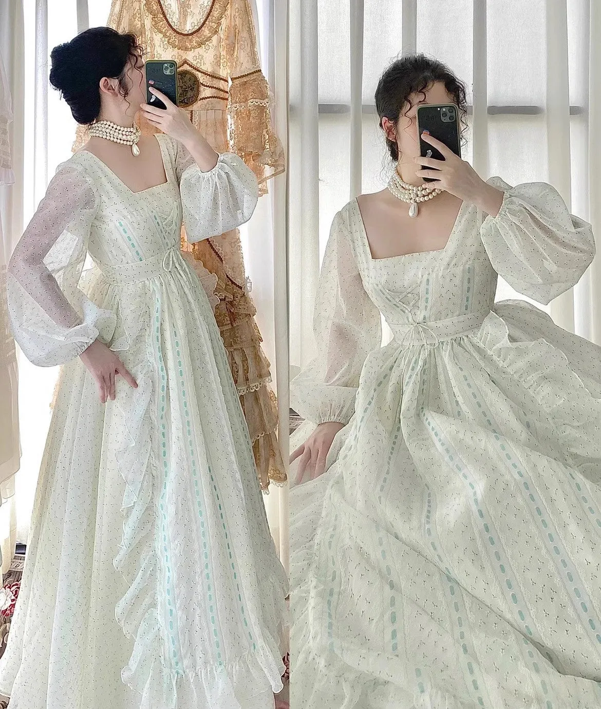 1900s Royalcore Square Collar Puff Sleeves Dress