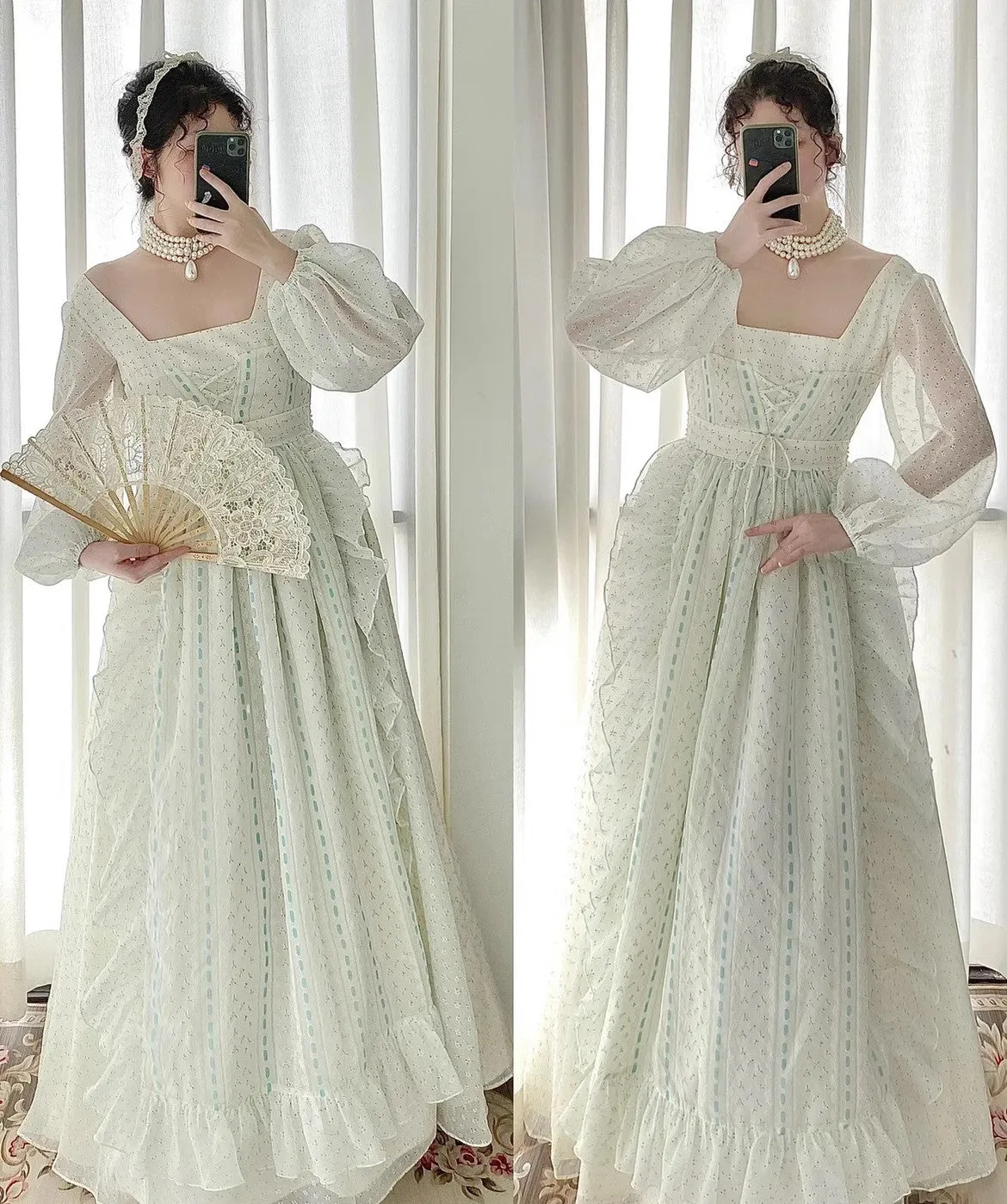 1900s Royalcore Square Collar Puff Sleeves Dress