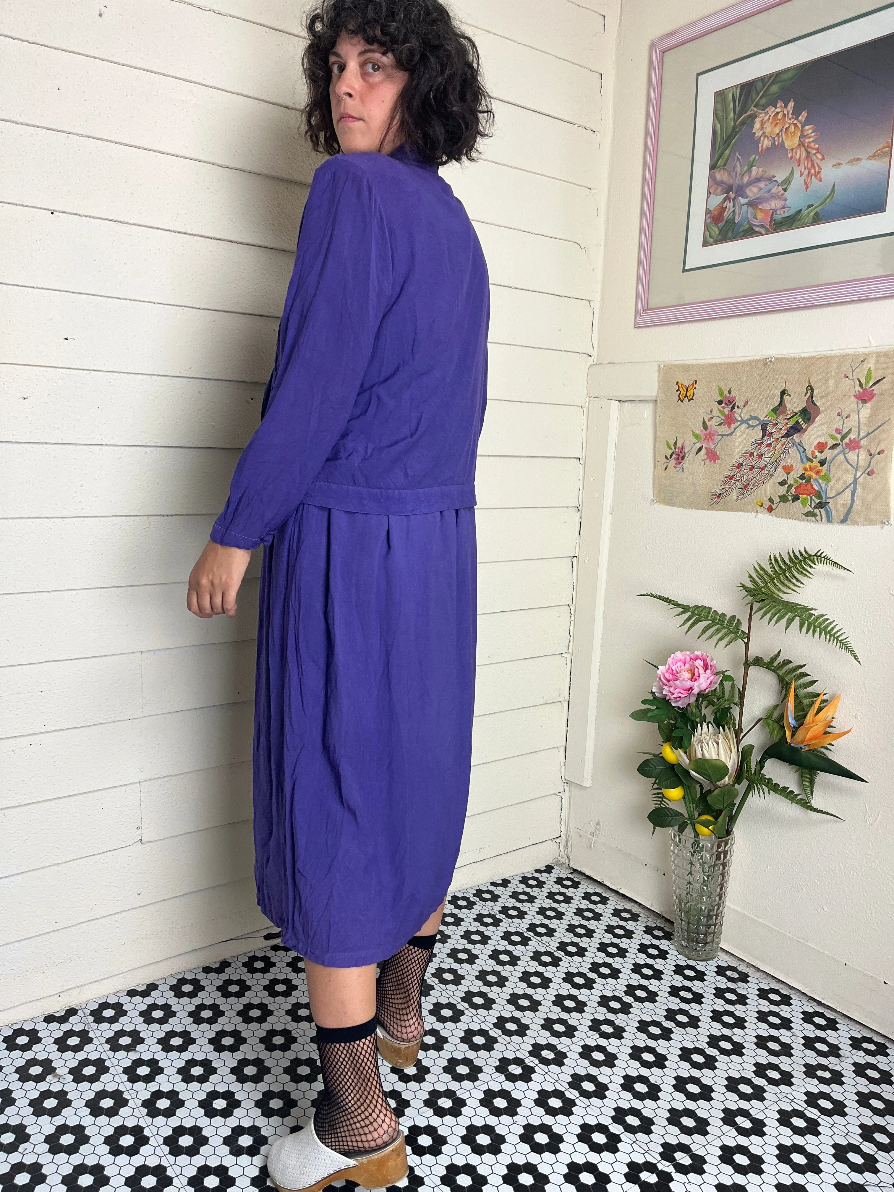 80s PURPLE DRESS AND QUILTED JACKET SET