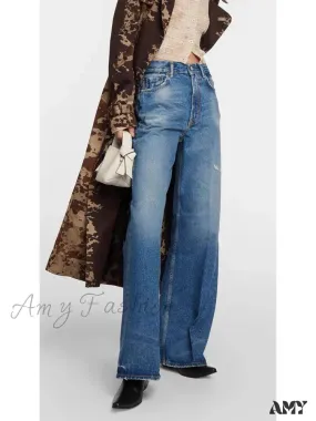 Amy Fashion - High Quality High-Waisted Vintage Denim Women's Frayed Versatile Blue Straight Wide-Leg Ladies 2024 Autumn Jean