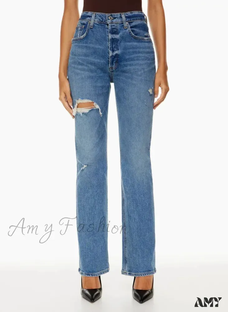 Amy Fashion - High Waist Loose Ripped Holes Streetwear Straight Ladies Denim Jean