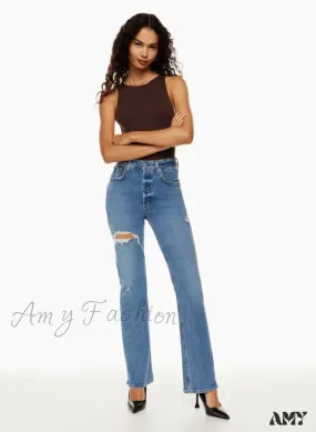 Amy Fashion - High Waist Loose Ripped Holes Streetwear Straight Ladies Denim Jean