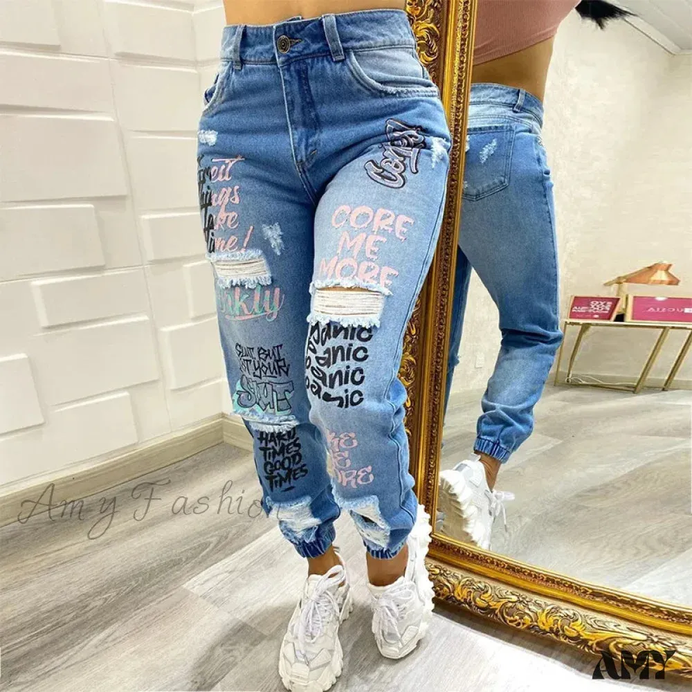 Amy Fashion - Letter Print Ripped New Casual Denim Jean