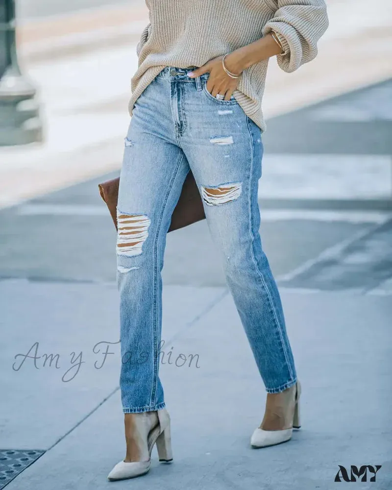 Amy Fashion - New Washed Ripped Fashion High Waist Mom Fit Casual Cotton Denim Jean