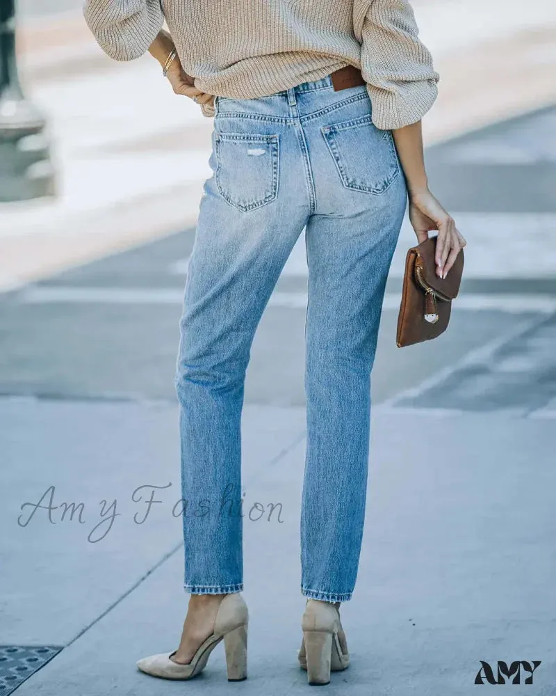 Amy Fashion - New Washed Ripped Fashion High Waist Mom Fit Casual Cotton Denim Jean