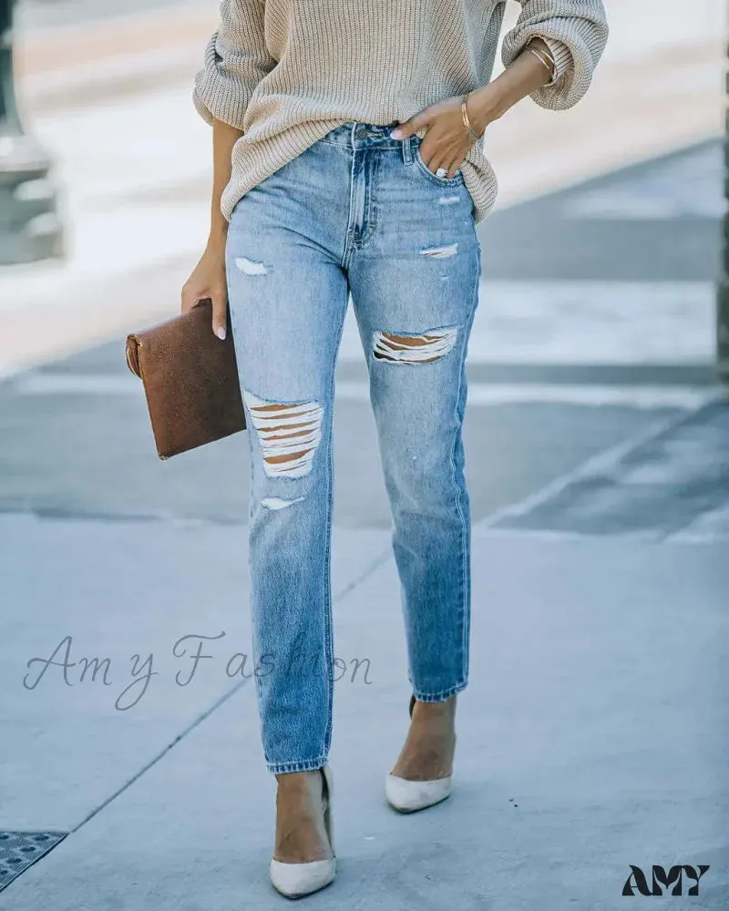 Amy Fashion - New Washed Ripped Fashion High Waist Mom Fit Casual Cotton Denim Jean