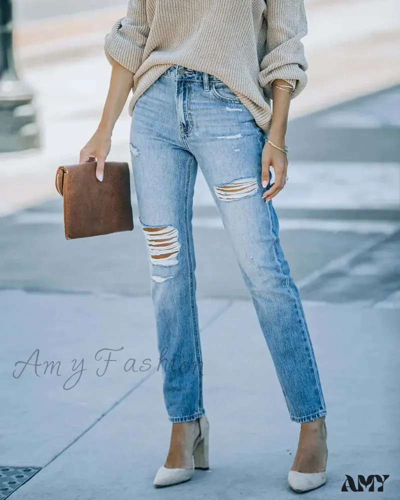 Amy Fashion - New Washed Ripped Fashion High Waist Mom Fit Casual Cotton Denim Jean