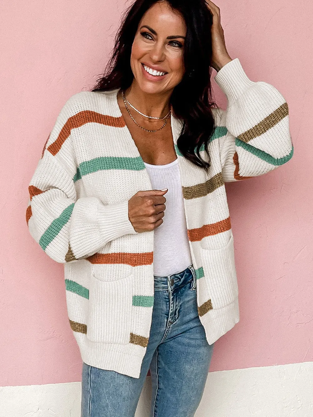 Beige Striped Drop Shoulder Sweater Cardigan with Pockets