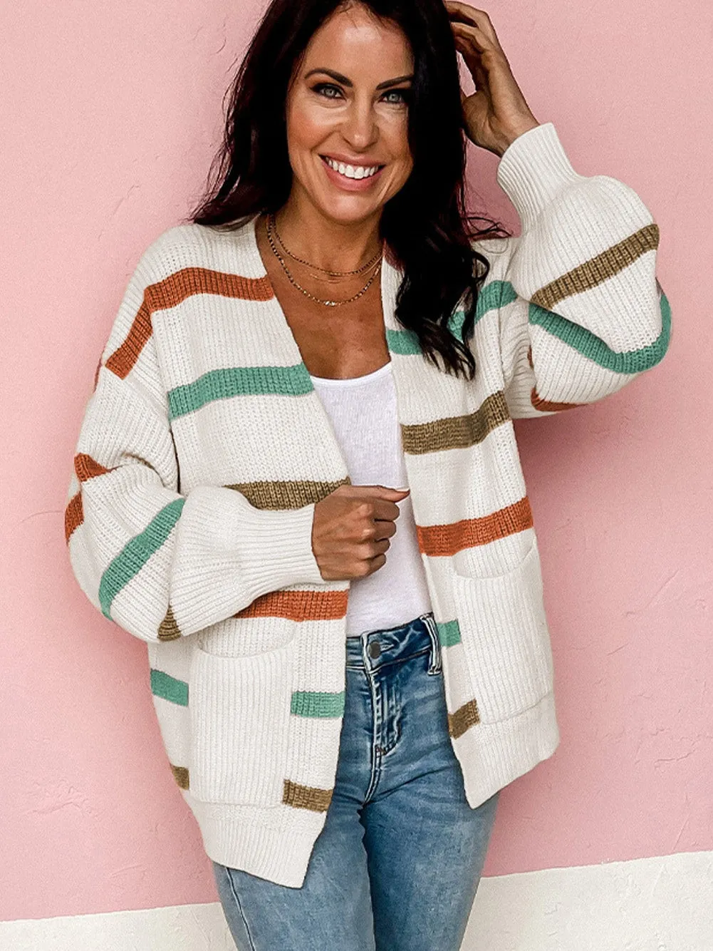 Beige Striped Drop Shoulder Sweater Cardigan with Pockets