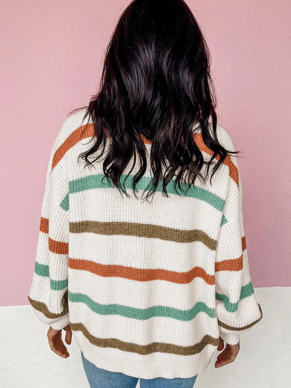 Beige Striped Drop Shoulder Sweater Cardigan with Pockets