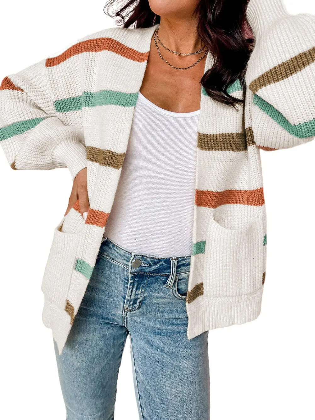 Beige Striped Drop Shoulder Sweater Cardigan with Pockets