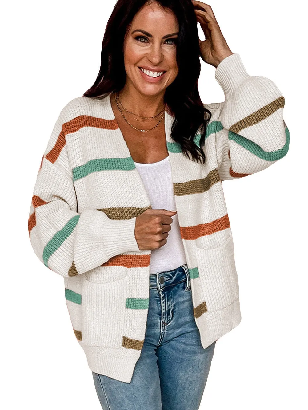 Beige Striped Drop Shoulder Sweater Cardigan with Pockets