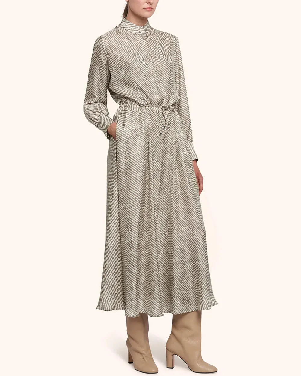 Beige Wavy Print Silk Tie Waist Maxi Dress