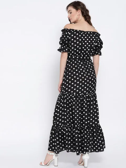 Berrylush Women Black & White Polka Dot Printed Off-Shoulder Waist Tie-Up Flounce Maxi Dress