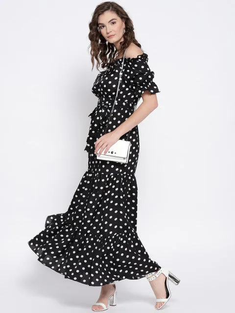 Berrylush Women Black & White Polka Dot Printed Off-Shoulder Waist Tie-Up Flounce Maxi Dress