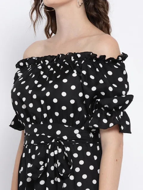 Berrylush Women Black & White Polka Dot Printed Off-Shoulder Waist Tie-Up Flounce Maxi Dress