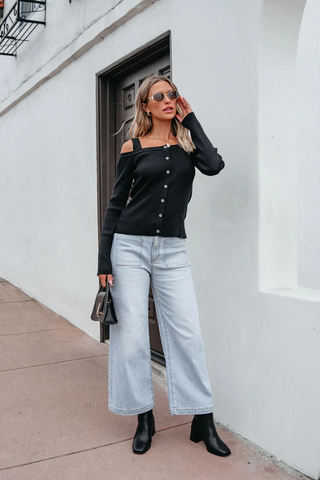 Black Cold Shoulder Button Up Sweater