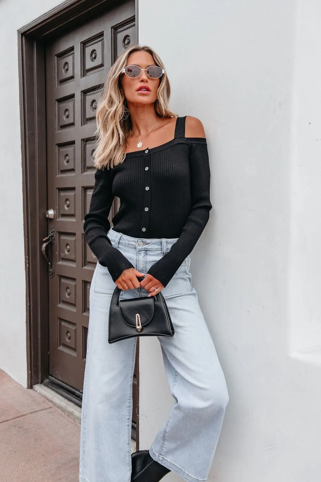 Black Cold Shoulder Button Up Sweater