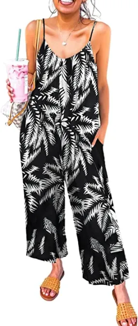 Black Floral Women's Casual Sleeveless Front Button Loose Jumpsuits Stretchy Long Pants Romper with Pockets - Happy Sailed