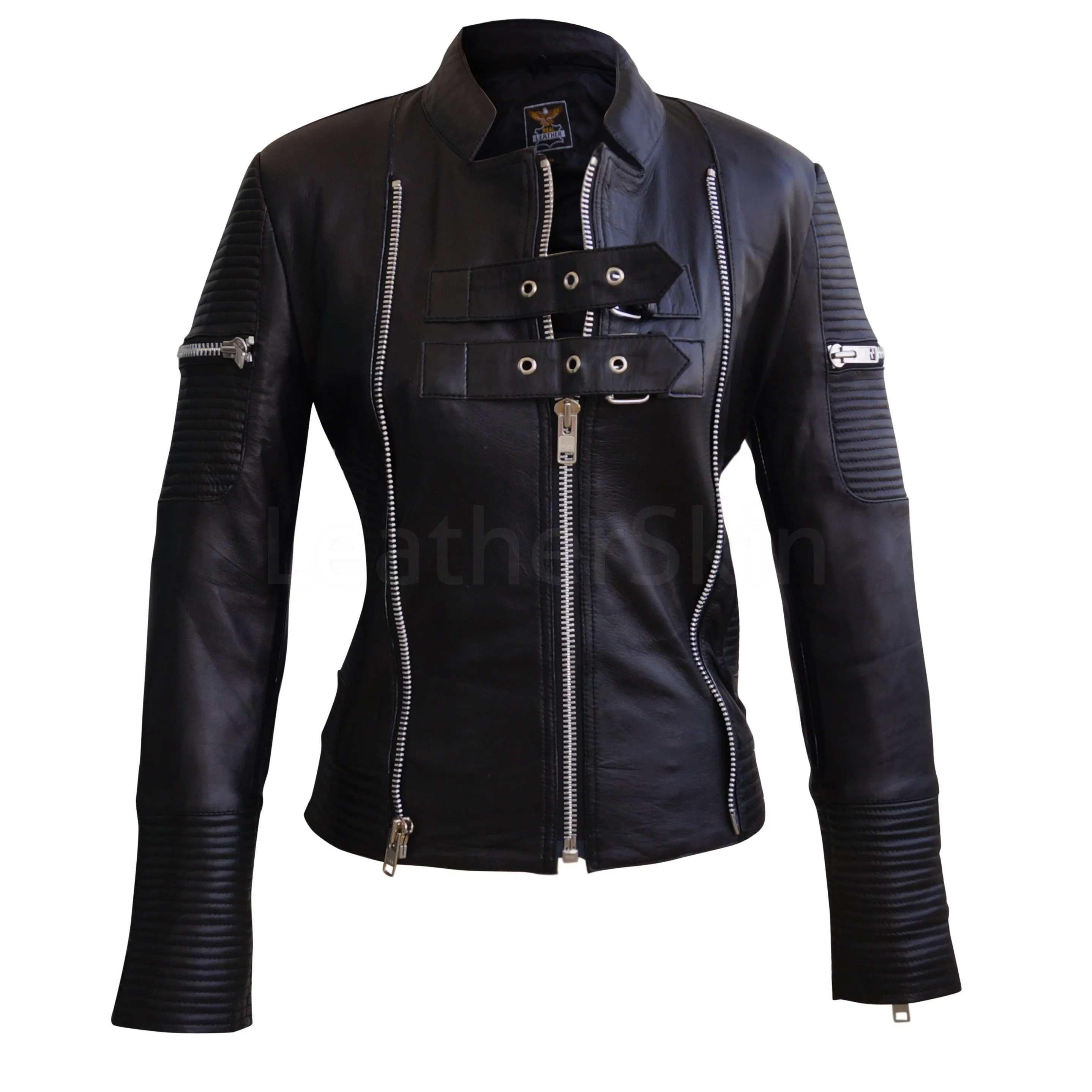 Black Sheep Skin Rib Quilted Genuine Leather Jacket