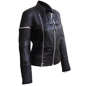 Black Sheep Skin Rib Quilted Genuine Leather Jacket