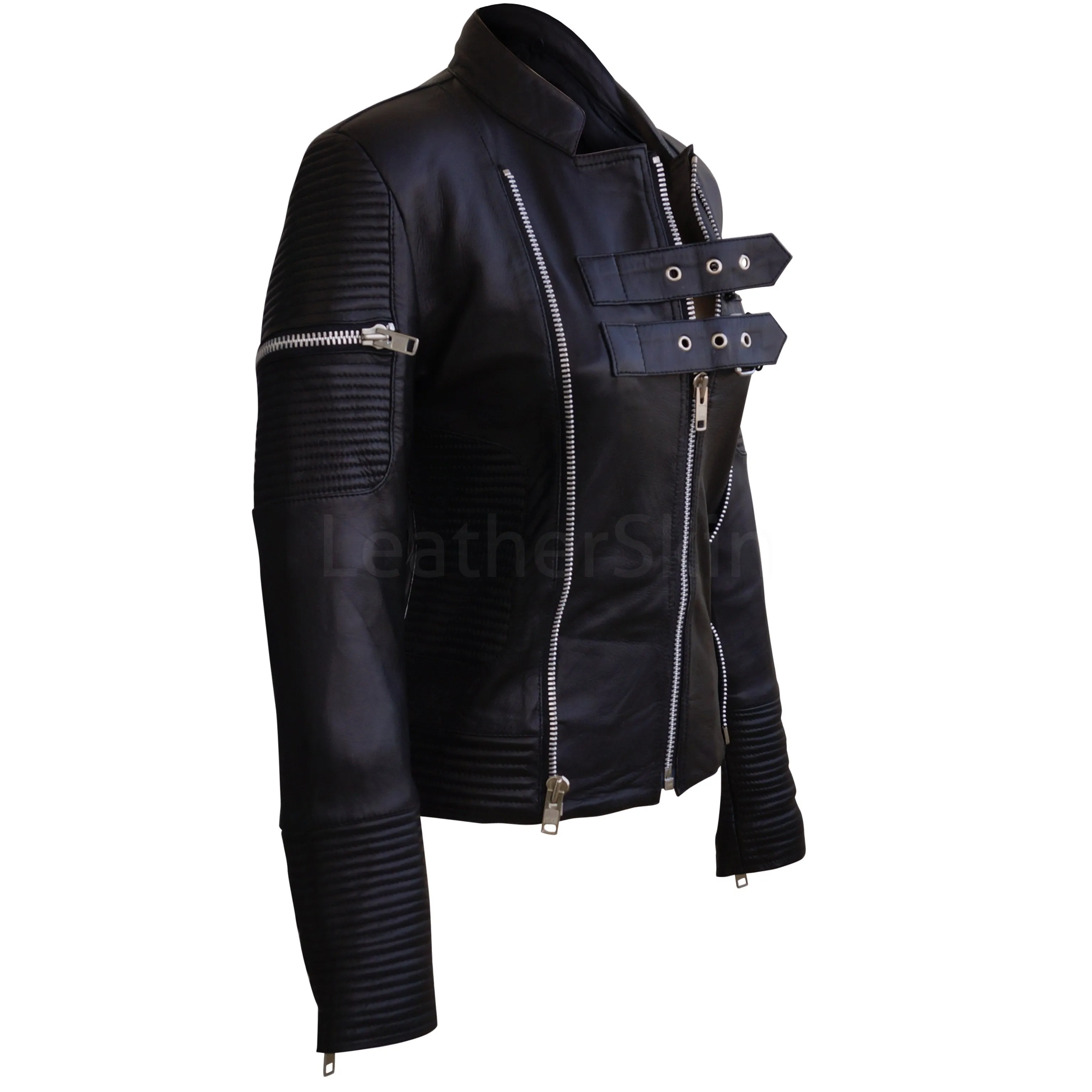 Black Sheep Skin Rib Quilted Genuine Leather Jacket