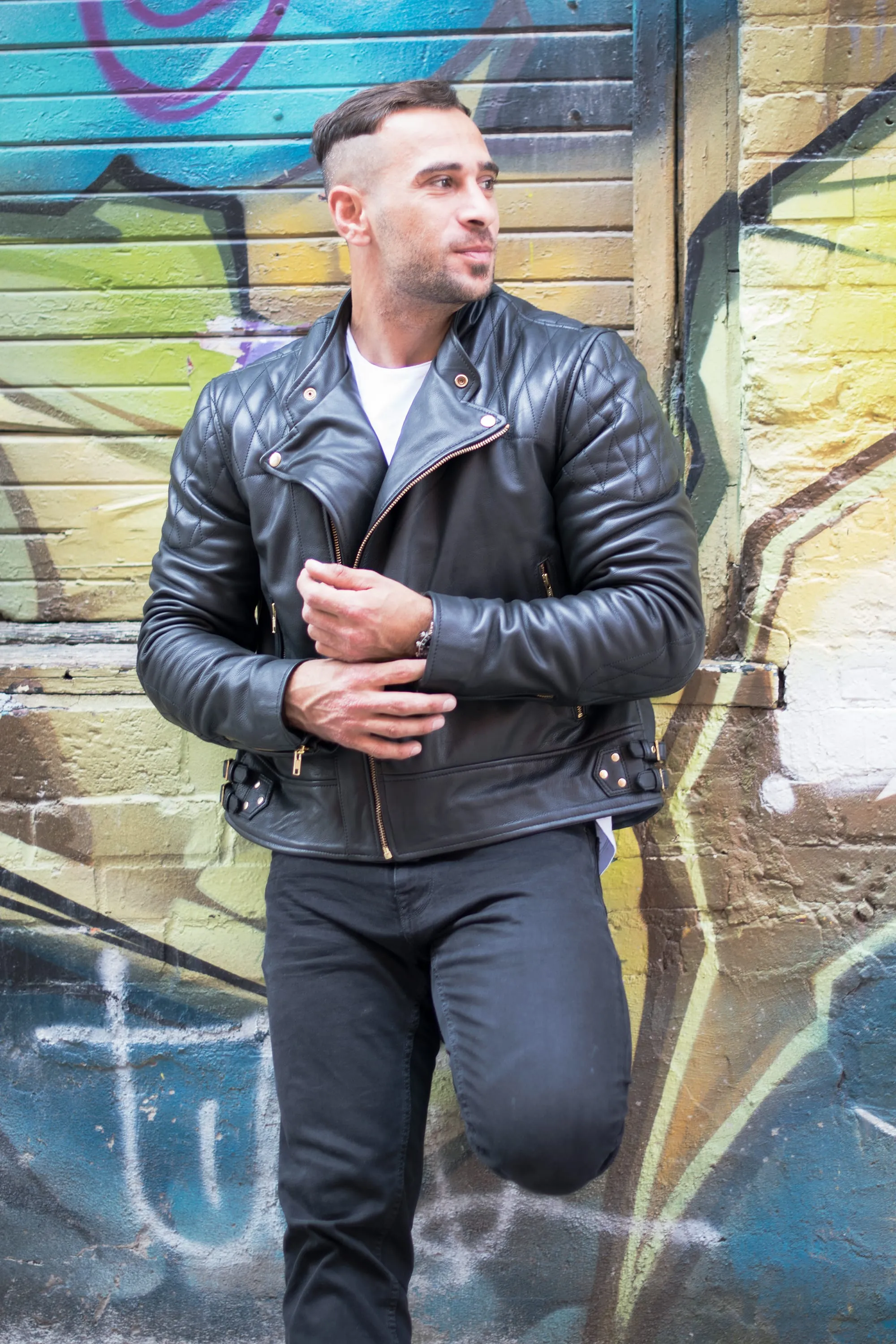 Brandford's Biker style leather jacket with quilted stitching details