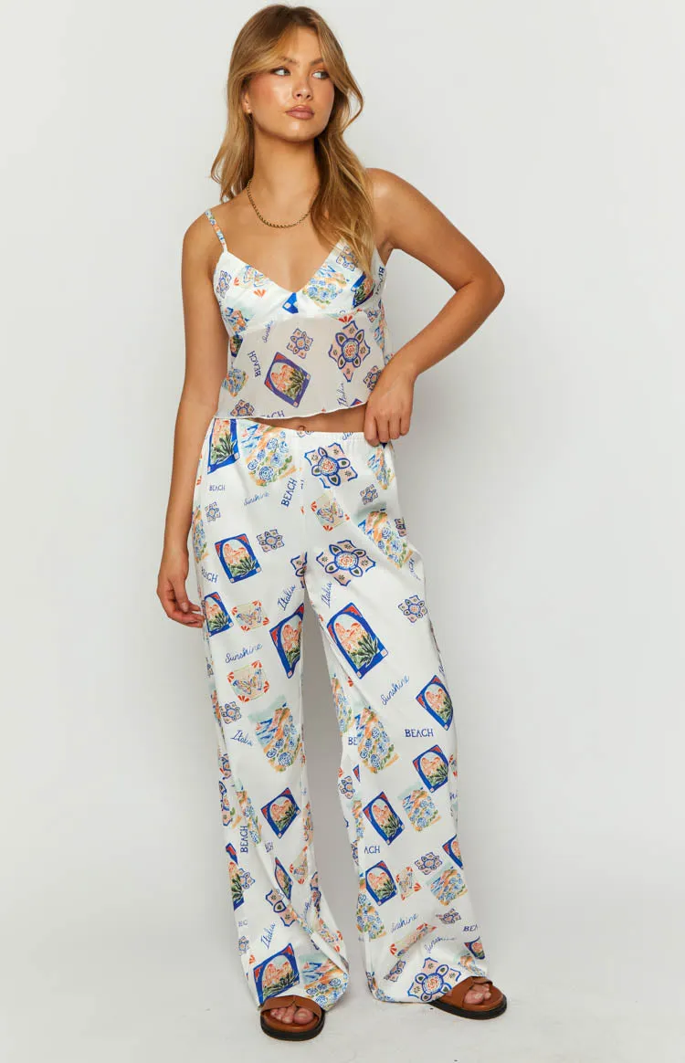 Bridget White Satin Italia Print Pants