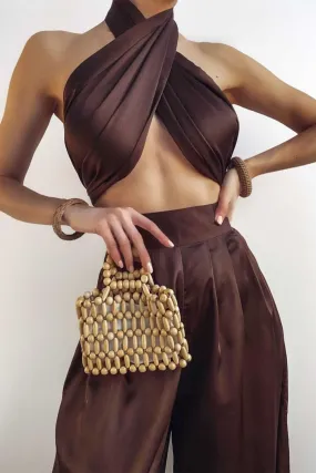 Brown Halter Wrap Top And Palazzo Satin Pants Set