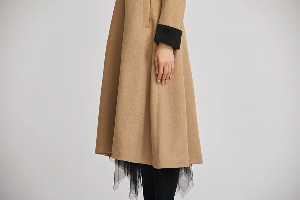 brown women long wool winter coat with single breasted 2255