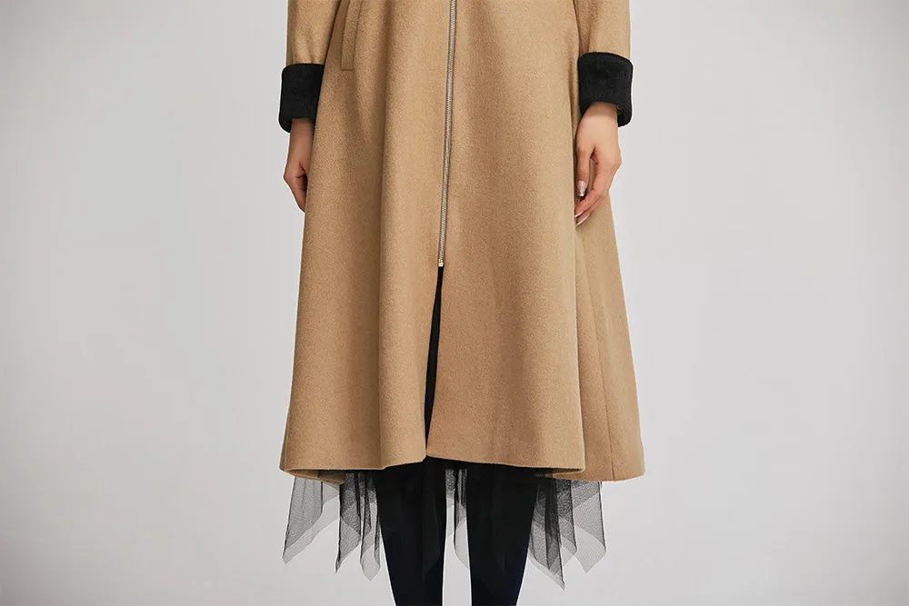 brown women long wool winter coat with single breasted 2255