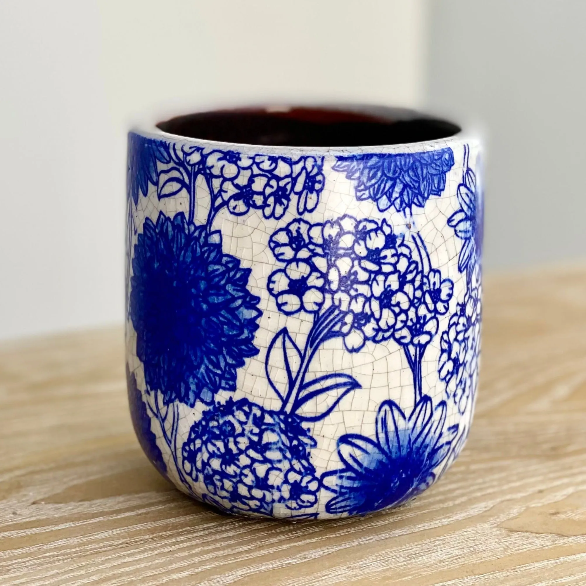 Ceramic Round Pot with Floral Crackled Blue Design