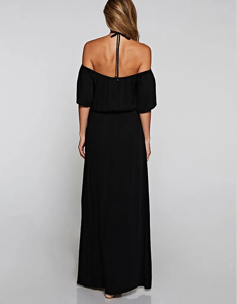 Challis Off the Shoulder Maxi Dress in Black