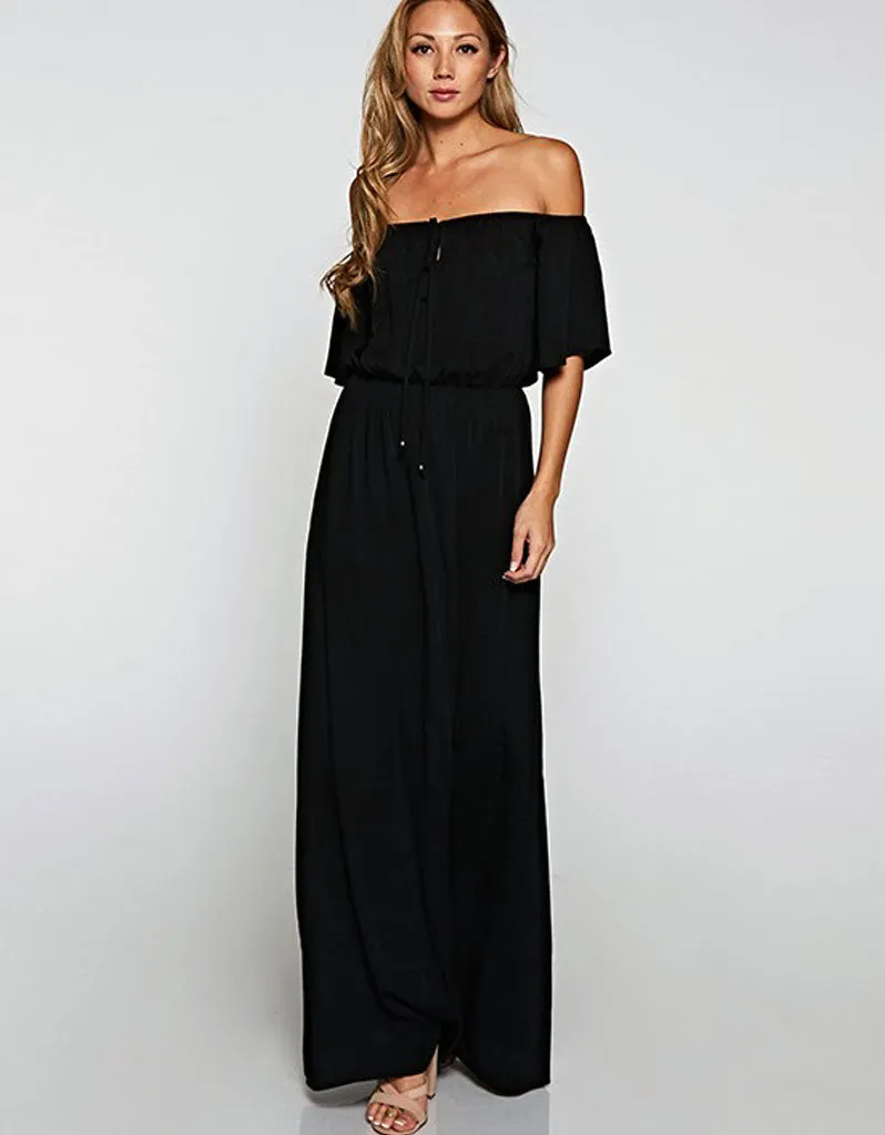 Challis Off the Shoulder Maxi Dress in Black