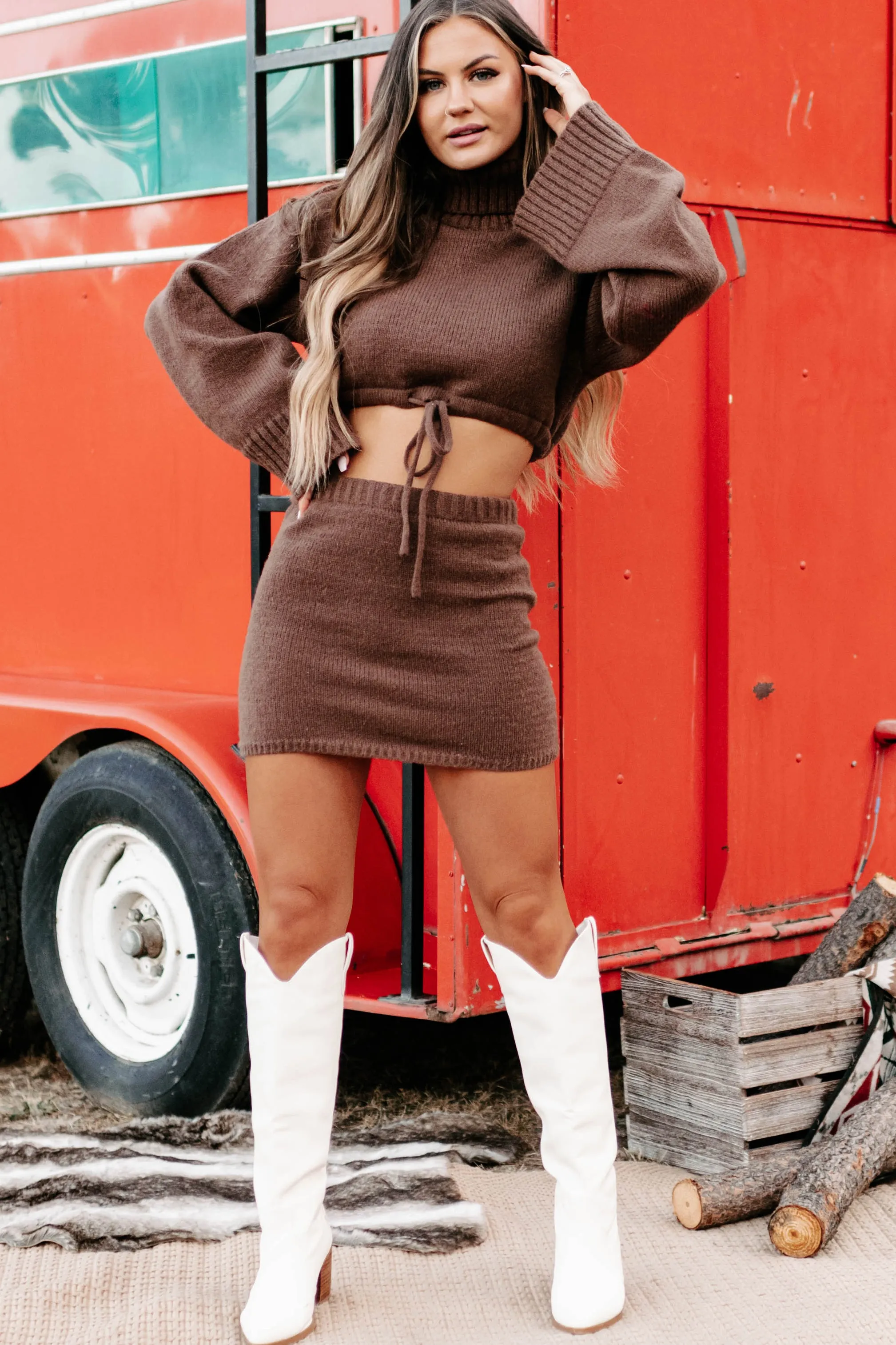 Change In The Weather Sweater Knit Crop Top & Skirt Set (Brown)