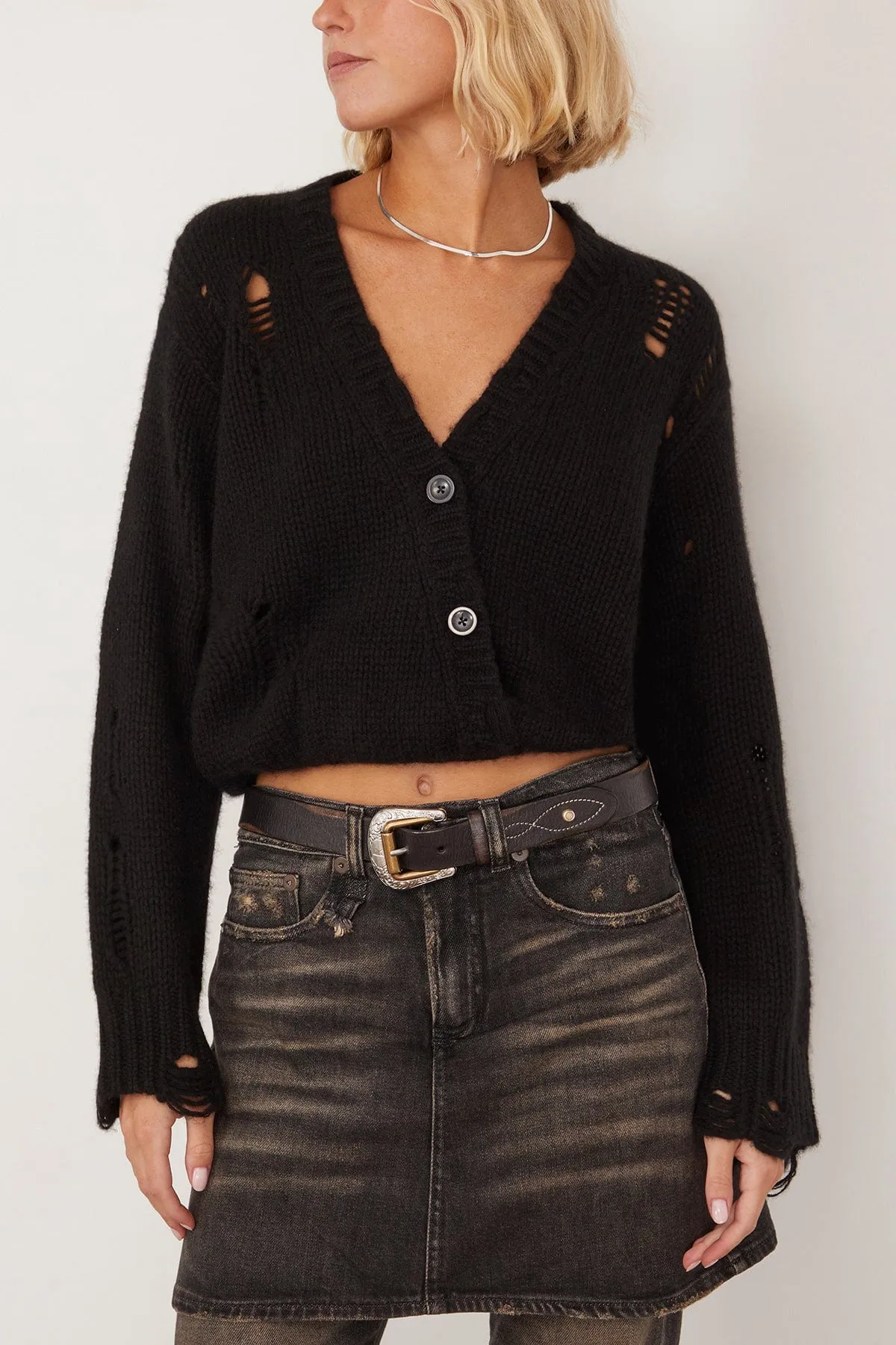 Crossover Distressed Cardigan in Black