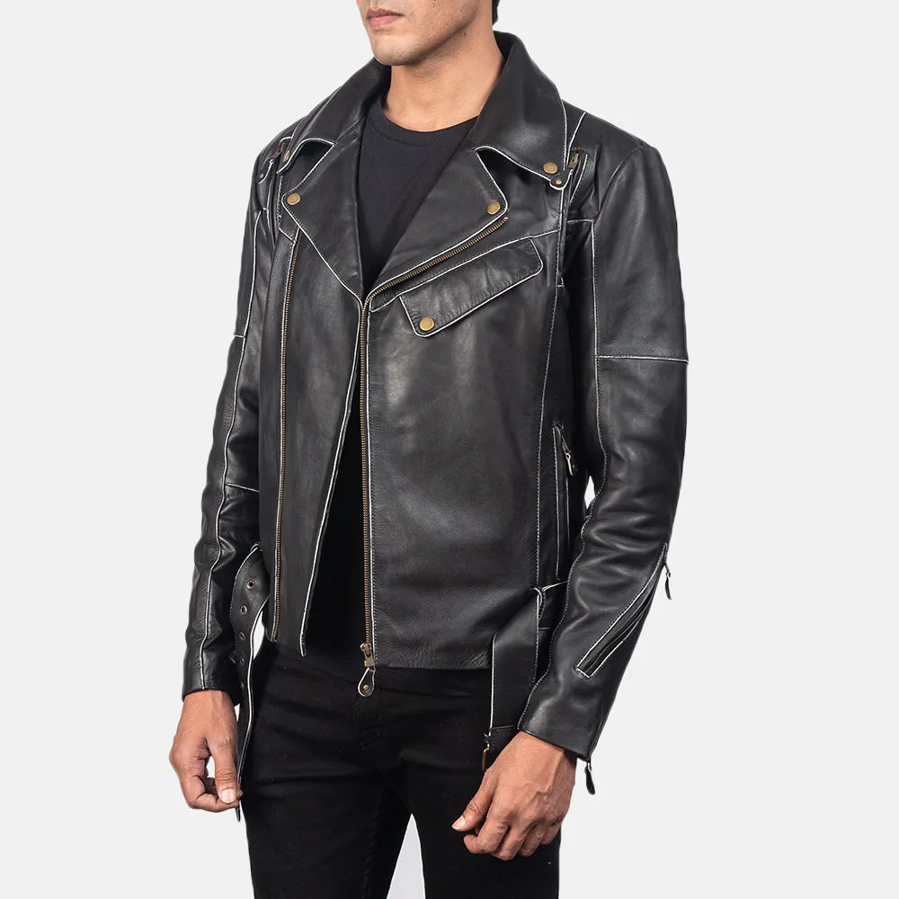 Distressed Black Leather Biker Jacket