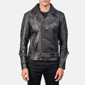 Distressed Black Leather Biker Jacket