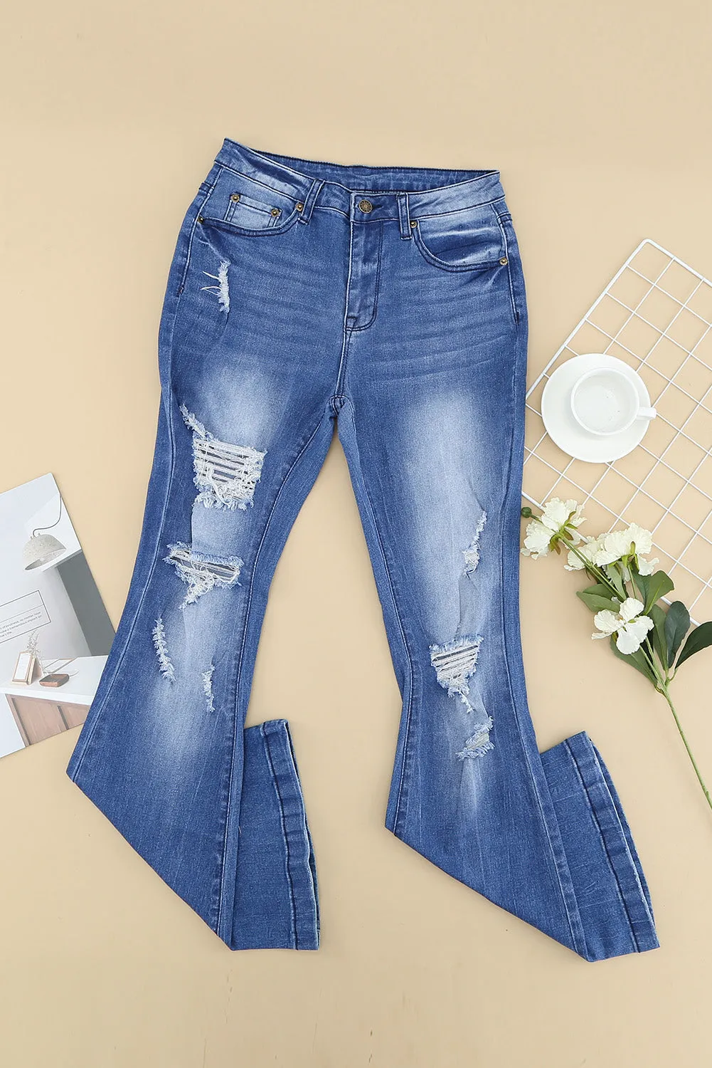 Distressed Flare Leg Jeans with Pockets