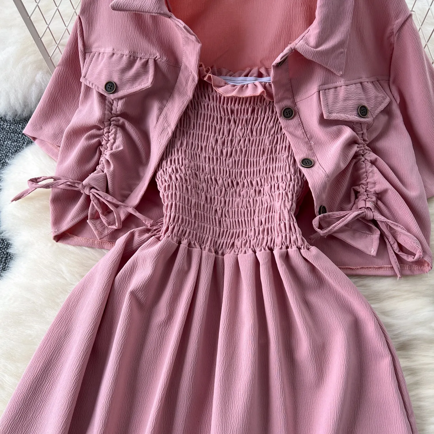 Drawstring Shirt&Pleated Dress 2Pcs