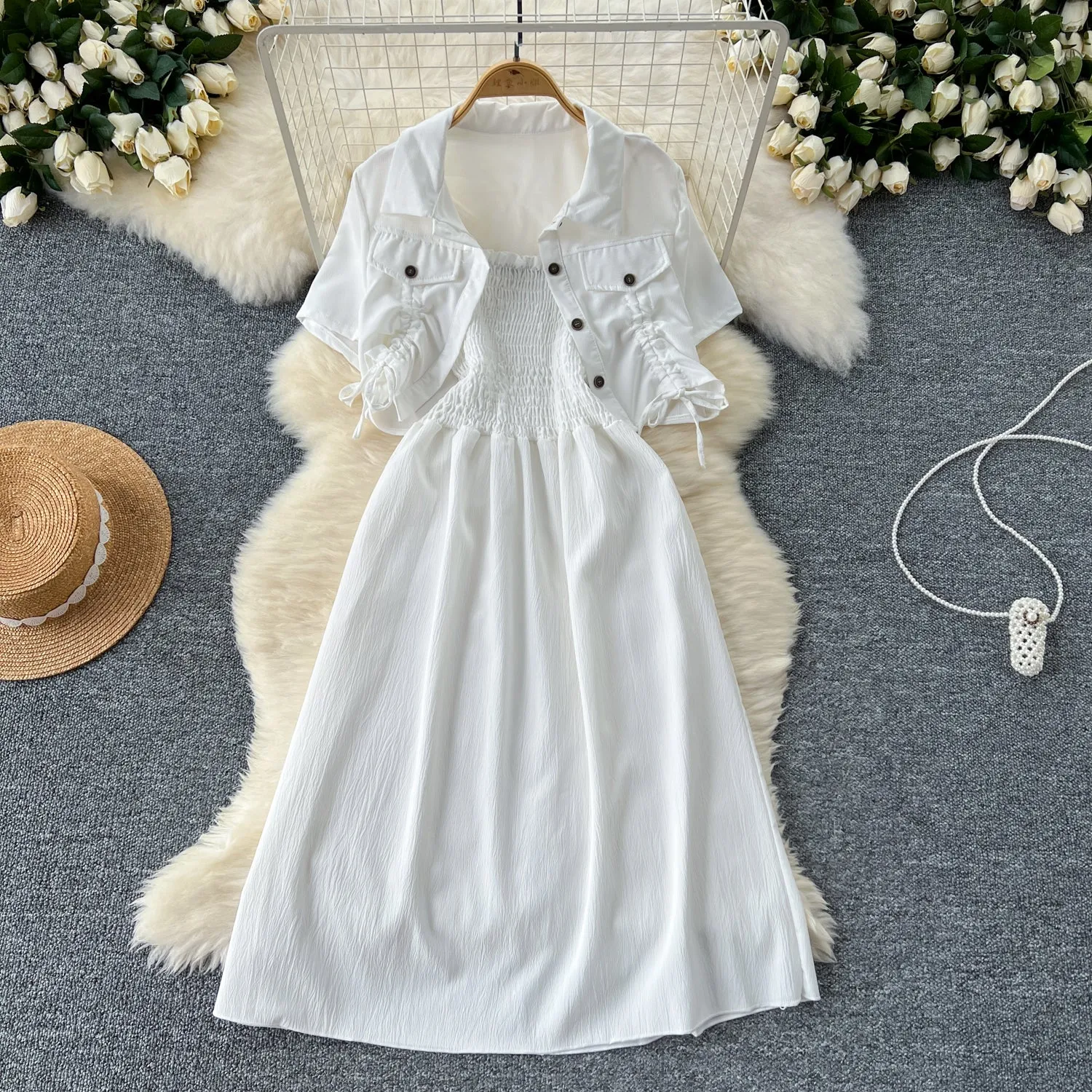 Drawstring Shirt&Pleated Dress 2Pcs