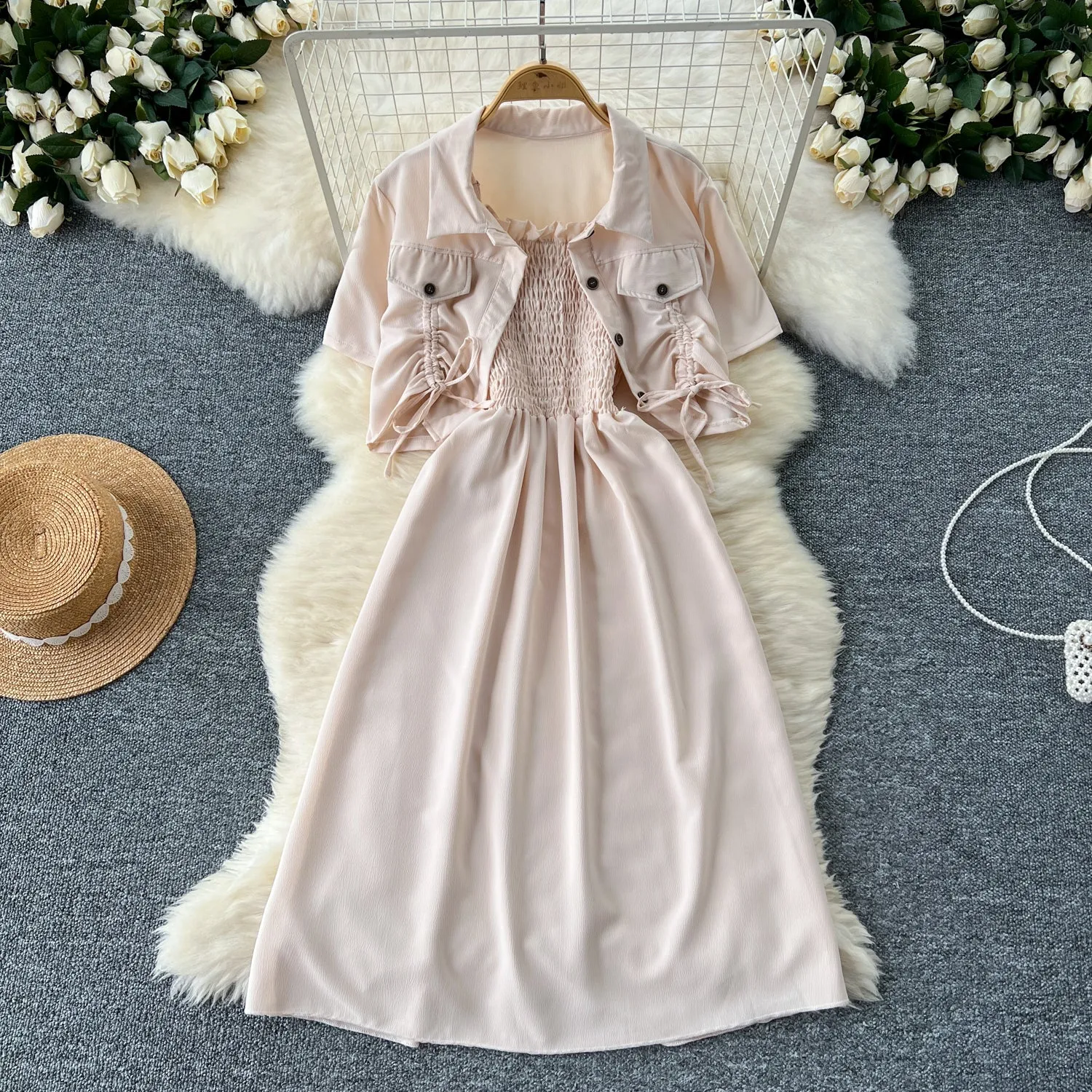 Drawstring Shirt&Pleated Dress 2Pcs