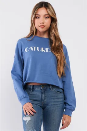 Dusty Blue Embroidered "Caturday" Long Sleeve Round Neck Cropped Sweater /3-2-1