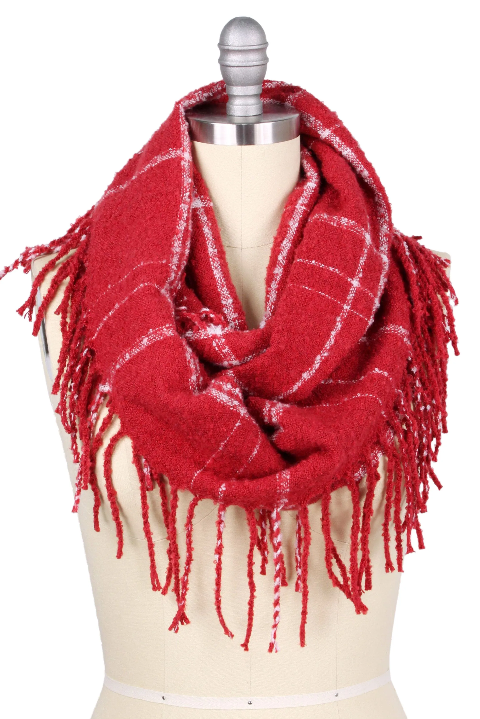 EAS8912 Two Tone Plaid Tassel Infinity Scarf