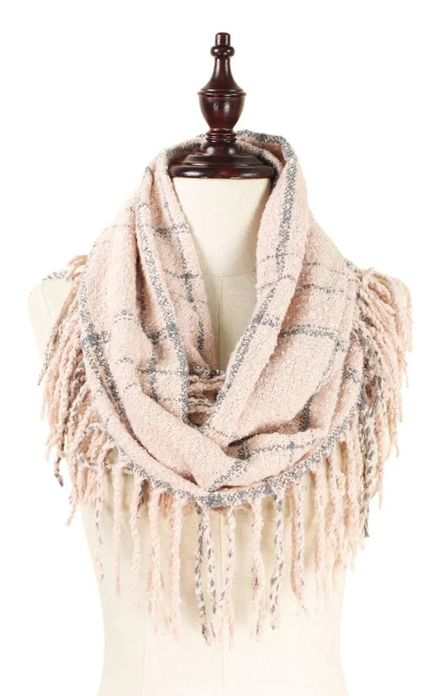 EAS8912 Two Tone Plaid Tassel Infinity Scarf