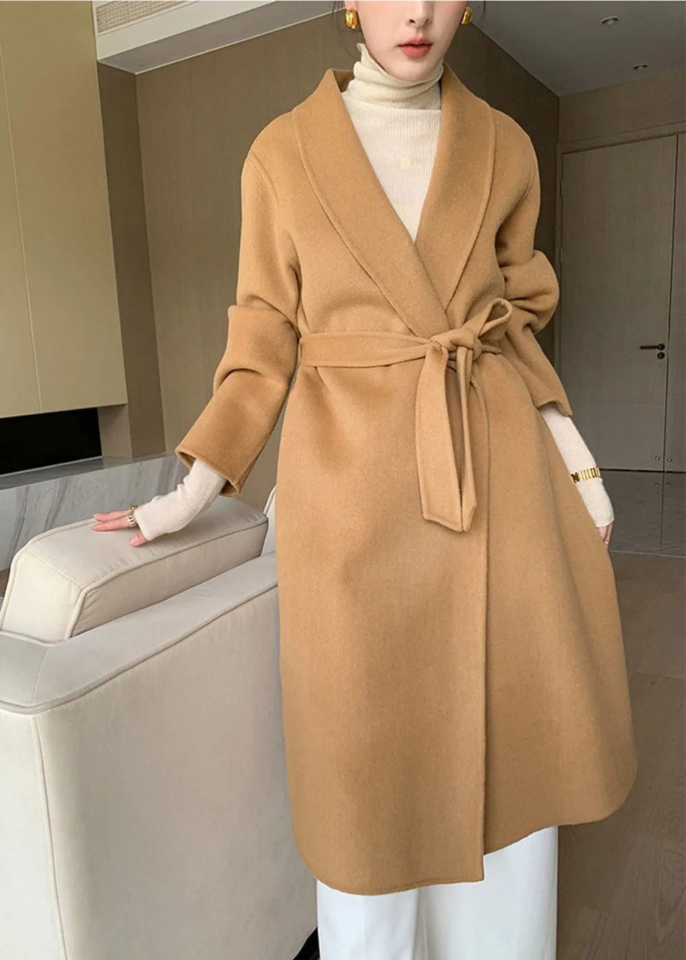 Eda Open Front Belted Double Face Wool Coat