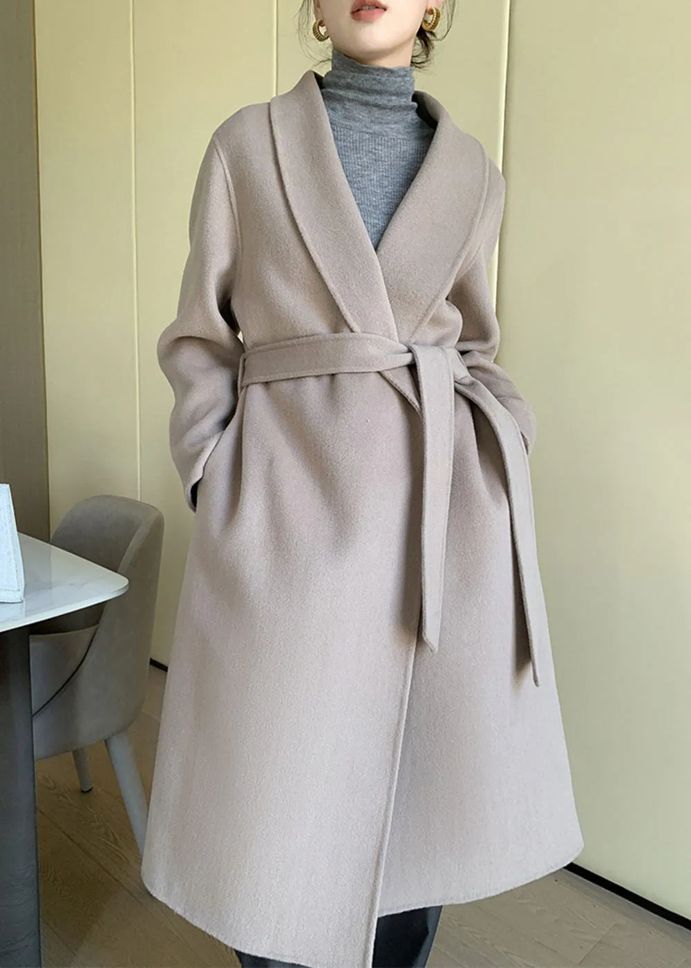 Eda Open Front Belted Double Face Wool Coat