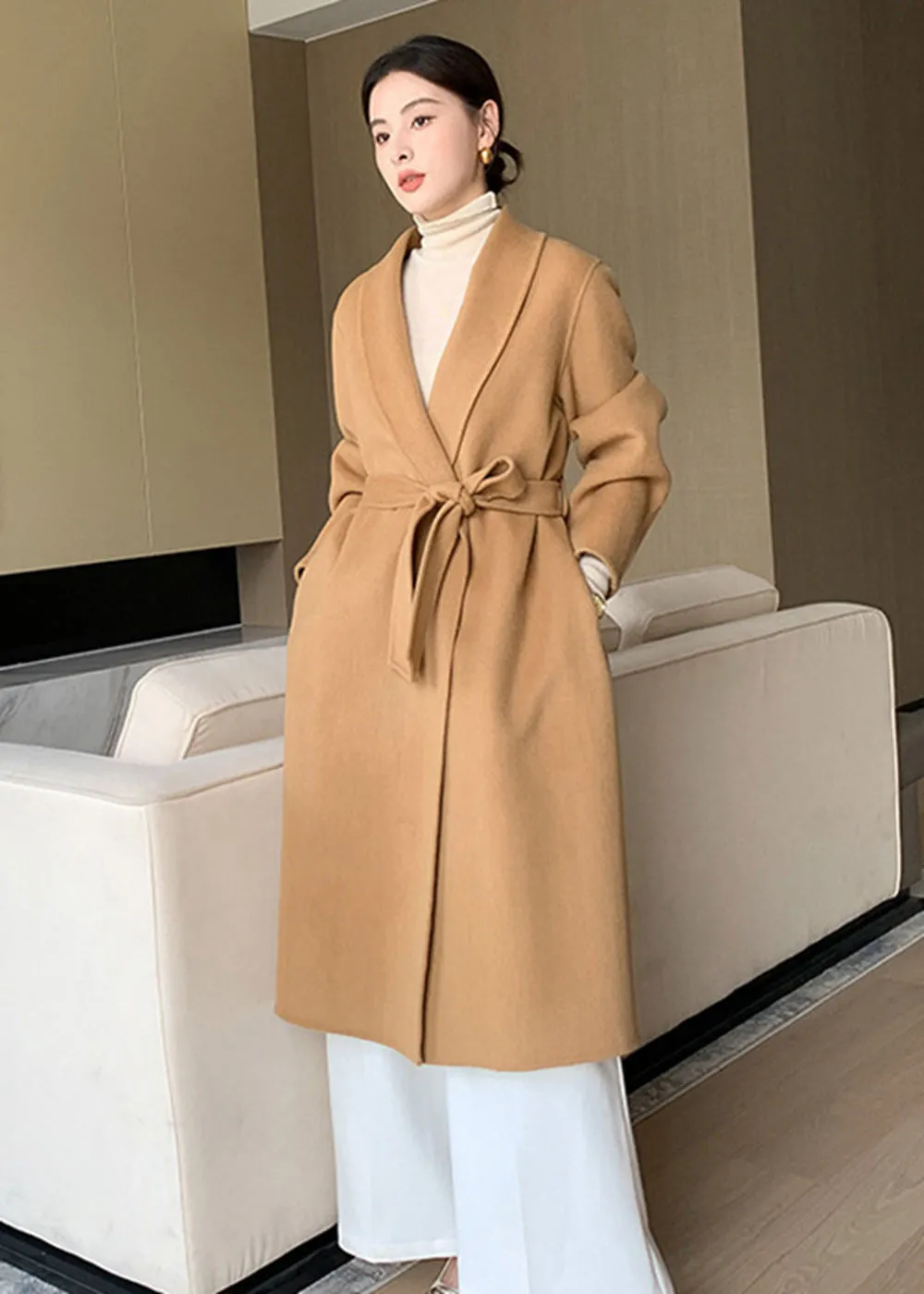 Eda Open Front Belted Double Face Wool Coat