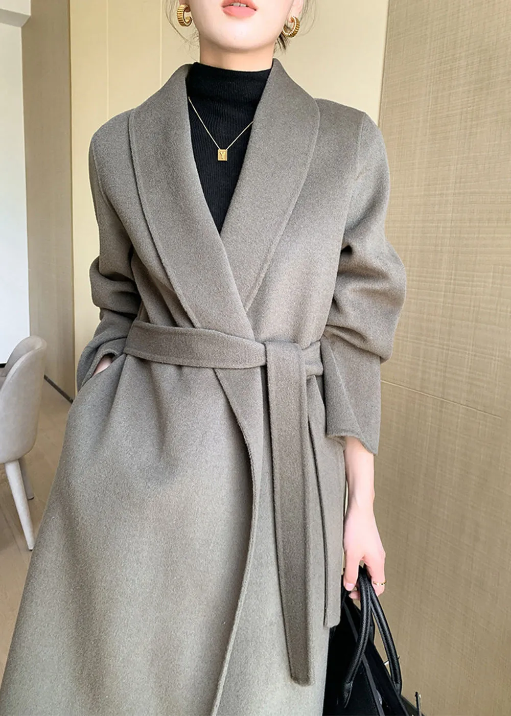 Eda Open Front Belted Double Face Wool Coat