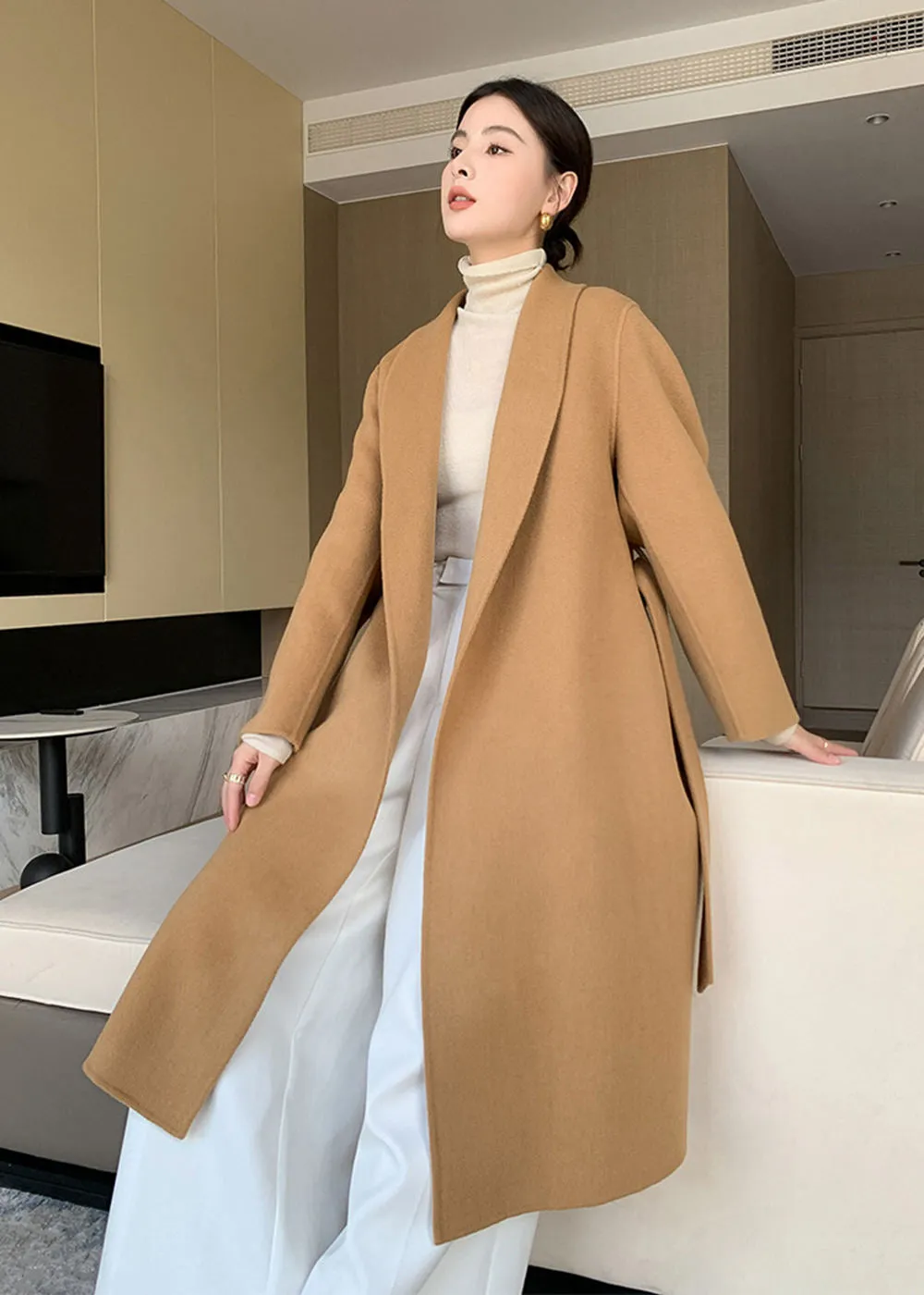 Eda Open Front Belted Double Face Wool Coat